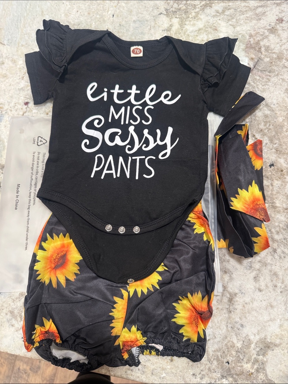 Little Miss Sassy Pants Black Baby Onesie with Sunflower Shorts & Headband
